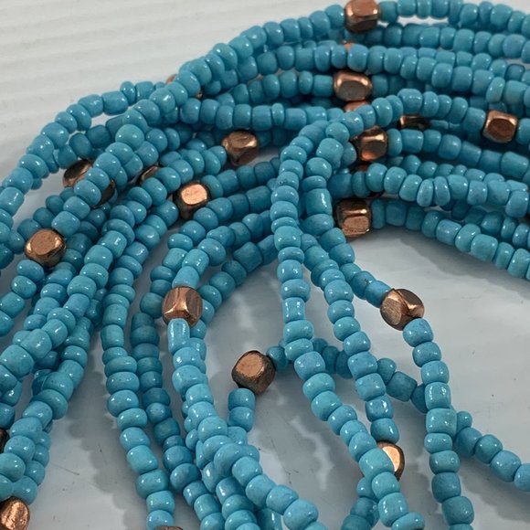 Turquoise Colored Necklace Multistrand Beaded Large Copper Colored Pendant 25" - Picture 6 of 14